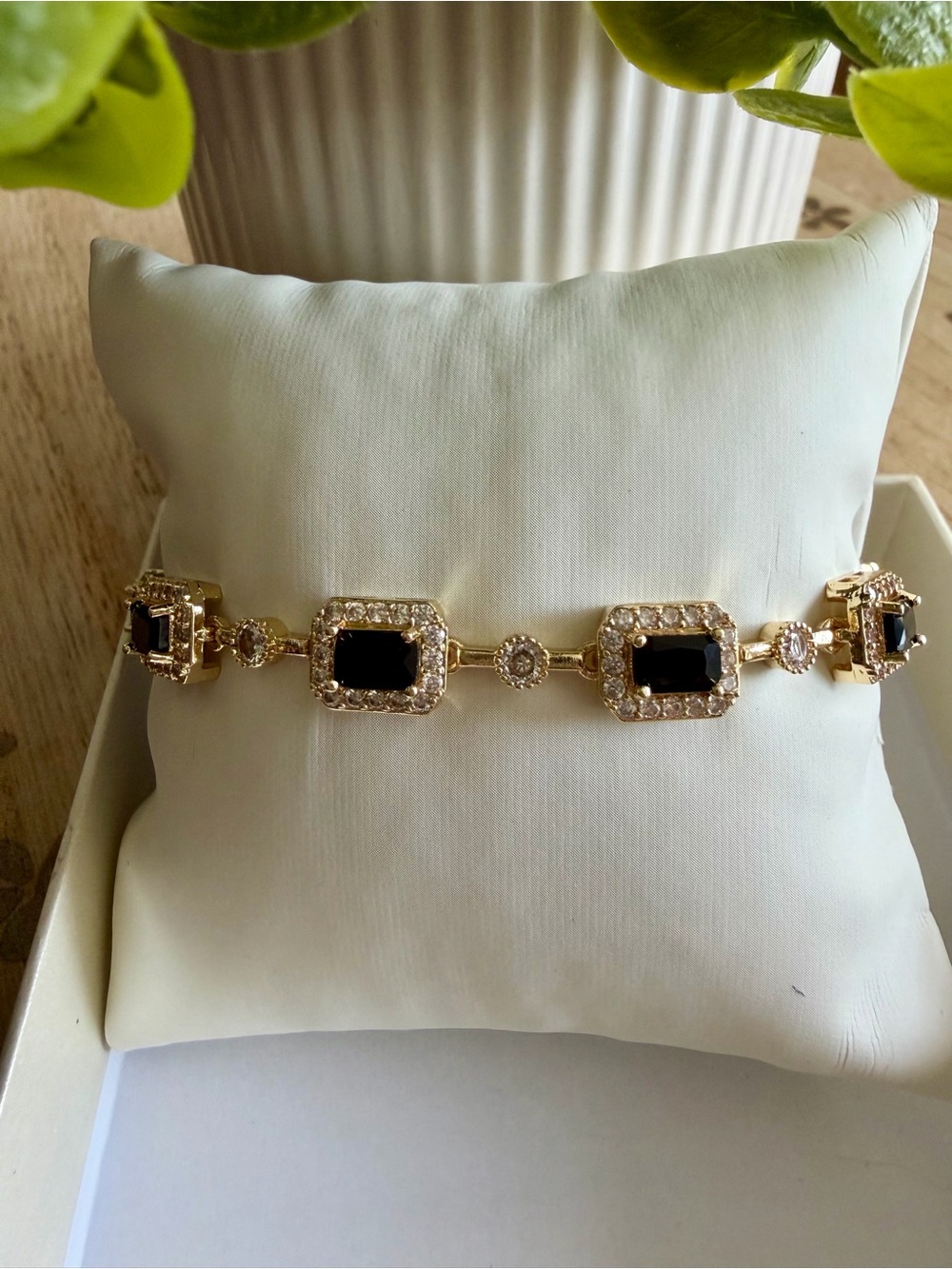 Gold-Plated Bracelet with Black Stone Accents
